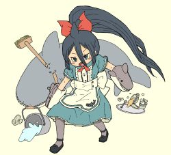 Rule 34 | 1girl, alternate costume, animal, apron, beige background, black footwear, black hair, blue dress, blue eyes, blush stickers, bow, bucket, collared dress, commentary request, cup, dress, enmaided, fukada ichika, grey pantyhose, hair between eyes, hair bow, hand puppet, high ponytail, maid, o o, open mouth, original, pantyhose, ponytail, puppet, rag, red bow, shark, sharp teeth, shoes, short sleeves, simple background, solo, spill, spoon, standing, sugar cube, tea, teacup, teeth, tray, v-shaped eyebrows, waist apron, water, white apron, yukimoto shuuji (gurigura)