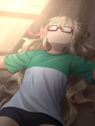 Rule 34 | 1girl, black shorts, blonde hair, blue eyes, cowboy shot, curly hair, empty eyes, expressionless, flat chest, glasses, green shirt, hair between eyes, highres, indoors, kay yu, long hair, looking up, lying, messy hair, multicolored hair, no pupils, on back, on floor, original, outstretched arms, paguroidea, rectangular eyewear, red-framed eyewear, semi-rimless eyewear, shirt, short eyebrows, short shorts, short sleeves, shorts, solo, spread arms, streaked hair, t-shirt, thick eyebrows, two-tone shirt, under-rim eyewear, upper body, wavy hair, white shirt, window shadow, wooden floor
