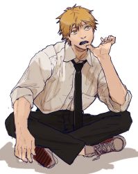 Rule 34 | 1boy, black necktie, black pants, blonde hair, brown eyes, chainsaw man, collared shirt, denji (chainsaw man), full body, highres, necktie, open mouth, pants, red footwear, sharp teeth, shirt, shirt tucked in, short hair, simple background, sleeves rolled up, solo, tasuketemama, teeth, white background, white shirt