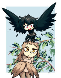 Rule 34 | 2girls, bird, bird legs, black feathers, black hair, blue background, brown feathers, brown hair, brown shirt, commission, crossed arms, crow, crow girl, eagle, feathers, frown, harpy, highres, looking ahead, looking at another, monster girl, multiple girls, original, personification, photo-referenced, red eyes, second-party source, setz, shirt, short shorts, shorts, size difference, smile, t-shirt, tree, white background, winged arms, wings, yellow eyes