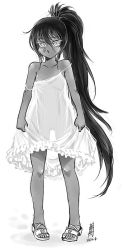 Rule 34 | 1girl, antaria, blush, chi you, chinese mythology, dark-skinned female, dark skin, dated, greyscale, long hair, monochrome, pigeon-toed, ponytail, see-through, signature, solo, thigh gap, very long hair, white background
