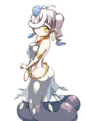 Rule 34 | 1girl, :o, absurdres, armlet, ass, bare shoulders, blush, breasts, earrings, gold, hair over one eye, highres, hoop earrings, jewelry, lamia, long bangs, looking at viewer, looking up, medium breasts, medusa (monster girl encyclopedia), monster girl, monster girl encyclopedia, original, petite, pointy ears, simiccrush, simple background, slit pupils, snake hair, solo, white background, yellow eyes