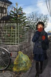Rule 34 | 1girl, absurdres, bag, bare tree, bicycle, black hair, black pantyhose, blue coat, blue skirt, blue sky, building, christmas ornaments, christmas tree, closed eyes, cloud, coat, gloves, grey scarf, hand up, highres, house, minahamu, morning, open mouth, original, outdoors, pantyhose, power lines, red gloves, scarf, school bag, short hair, skirt, sky, solo, tree, urban, yawning