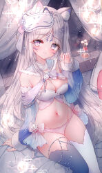 Rule 34 | 1girl, absurdres, animal ear fluff, animal ears, asymmetrical legwear, bare shoulders, black thighhighs, blush, breasts, cleavage, commentary request, detached sleeves, facial mark, feet out of frame, forehead mark, fur-trimmed sleeves, fur trim, grey hair, hand up, highres, long hair, long sleeves, looking at viewer, mask, mask on head, medium breasts, mismatched legwear, navel, original, panties, parted bangs, parted lips, pink panties, pink sleeves, puffy long sleeves, puffy sleeves, purple eyes, sitting, sleep mask, sleeves past wrists, smile, solo, tandohark, thighhighs, underwear, very long hair, white thighhighs