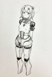 Rule 34 | 1girl, absurdres, arms behind back, blush, closed mouth, cyborg, full body, greyscale, highres, looking at viewer, mashimashi, monochrome, original, short hair, solo, standing, traditional media