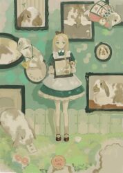 Rule 34 | 1girl, alice (alice in wonderland), alice in wonderland, animal, animal ears, apron, black bow, black footwear, blonde hair, blue dress, blue eyes, bow, bugle, chisato charme, clothed animal, commentary request, cup, dress, english text, expressionless, full body, grey socks, hair bow, highres, holding painting, indoors, instrument, long hair, looking to the side, lop rabbit ears, on grass, original, painting (object), picture frame, pocket watch, puffy short sleeves, puffy sleeves, rabbit, rabbit ears, shoes, short dress, short sleeves, socks, solo, standing, teacup, through medium, through painting, wallpaper (object), watch, white apron