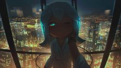 Rule 34 | 1girl, ;), absurdres, artist name, bathrobe, blue eyes, blush, cable, city lights, cityscape, commentary, dated, digitan (porforever), electric plug, english commentary, flipped hair, hand on another&#039;s cheek, hand on another&#039;s face, headphones, highres, indoors, long hair, long sleeves, looking at viewer, making-of available, night, one eye closed, original, porforever, pov, robe, smile, solo focus, star-shaped pupils, star (symbol), symbol-shaped pupils, tail, tail wrap, white robe, window