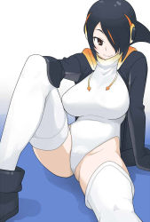 Rule 34 | 10s, 1girl, black footwear, black hair, black jacket, boots, breasts, brown eyes, emperor penguin (kemono friends), hair over one eye, headphones, highleg, highleg leotard, ishinoyari, jacket, kemono friends, large breasts, leotard, long hair, looking at viewer, multicolored hair, open clothes, open jacket, sitting, smile, solo, thighhighs, white leotard, white thighhighs