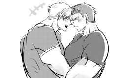Rule 34 | 2boys, ao isami, bara, blush, couple, facial hair, forehead-to-forehead, from side, greyscale, happy, heads together, large pectorals, laughing, lewis smith, male focus, medium sideburns, monochrome, multiple boys, muscular, muscular male, paya genko man, pectoral docking, pectoral press, pectorals, sideburns stubble, sketch, stubble, thick eyebrows, upper body, yaoi, yuuki bakuhatsu bang bravern