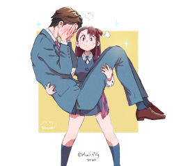 Rule 34 | 1boy, 1girl, puff of air, andrew hanbridge, asymmetrical bangs, blue jacket, blue neckwear, blue pants, blue skirt, blue socks, blue vest, blush, brown footwear, brown hair, carrying, closed mouth, commentary, covering face, dated, dress shirt, embarrassed, english commentary, formal, hetero, highres, jacket, kagari atsuko, kneehighs, little witch academia, long sleeves, looking at viewer, luna nova school uniform, marii pily, miniskirt, neck ribbon, necktie, one side up, pants, pleated skirt, princess carry, purple eyes, red neckwear, ribbon, role reversal, school uniform, shirt, shoes, short hair, skirt, smile, socks, sparkle, standing, suit, twitter username, v-shaped eyebrows, vest, white shirt, wing collar