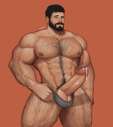 Rule 34 | 1boy, abs, absurdres, arm hair, bara, beard, black hair, chest hair, chris redfield, cum, ejaculation, erection, facial hair, grey male underwear, highres, large pectorals, leg hair, looking at viewer, male focus, male underwear, muscular, muscular male, navel, nipples, orange background, pectorals, penis, resident evil, resident evil village, short hair, simple background, solo, testicles, thick thighs, thighs, twitter username, underwear, waympo