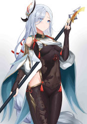Rule 34 | 1girl, :|, arm at side, between fingers, black legwear, blue eyes, blue hair, blue nails, bodysuit, braid, breasts, bright pupils, chinese commentary, chinese knot, closed mouth, clothing cutout, commentary request, covered navel, detached sleeves, expressionless, eyelashes, eyes visible through hair, genshin impact, gloves, gold trim, gradient background, green sleeves, grey background, hair ornament, hair over one eye, high heels, highres, hip vent, holding, holding polearm, holding weapon, large breasts, lips, long hair, long sleeves, looking at viewer, low-braided long hair, low-tied long hair, nail polish, navel, ofuda, ofuda between fingers, open mouth, partially fingerless gloves, polearm, red rope, rope, shenhe (genshin impact), side cutout, simple background, single braid, solo, sparkle, standing, thighs, underboob, very long hair, vision (genshin impact), weapon, white pupils, wide sleeves, zim-o (2cy520)