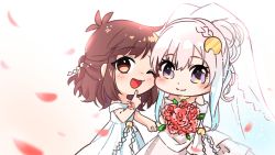 Rule 34 | 2girls, absurdres, airani iofifteen, airani iofifteen (artist), blue hair, bouquet, bridal veil, brown hair, chibi, commentary, dress, english commentary, female focus, flower, gradient hair, hair bun, highres, holding, holding bouquet, holding hands, hololive, hololive indonesia, indie virtual youtuber, looking at viewer, multicolored hair, multiple girls, one eye closed, open mouth, palette hair ornament, petals, pink hair, purple eyes, red flower, red rose, rose, side ponytail, single hair bun, smile, template, veil, virtual youtuber, vyolfers, vyolfers (vtuber), wedding dress, wife and wife, yuri