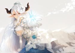 Rule 34 | 10s, 1girl, arm support, bare shoulders, breasts, brown eyes, elbow gloves, gloves, granblue fantasy, hair ornament, hat, horns, ice, izmir, nido celisius, outstretched hand, pointy ears, skirt, solo, underboob, white hair