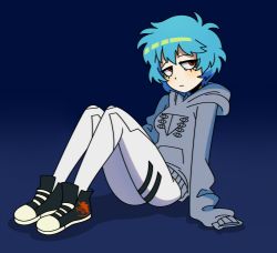 Rule 34 | 1girl, absurdres, alternate costume, arm support, ayanami rei, black footwear, blue hair, casual, closed mouth, commentary, dark background, dilated pupils, english commentary, expressionless, eyelashes, from side, full body, grey hoodie, half-closed eyes, highres, hood, hood down, hoodie, jitome, knees up, leggings, looking at viewer, looking to the side, marreeps, neon genesis evangelion, print footwear, print hoodie, print leggings, red eyes, sanpaku, shoes, short hair, simple background, sitting, sleeves past fingers, sleeves past wrists, sneakers, solo, toon (style), unkempt, white leggings
