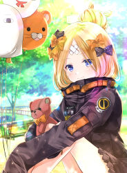 Rule 34 | 1girl, abigail williams (fate), abigail williams (traveling outfit) (fate), balloon, bench, black bow, black jacket, blonde hair, blue eyes, blurry, blurry background, blush, bow, closed mouth, commentary request, day, depth of field, fate/grand order, fate (series), hair bow, hair bun, highres, iroha (shiki), jacket, long hair, long sleeves, hugging object, official alternate costume, orange bow, outdoors, park bench, parted bangs, polka dot, polka dot bow, single hair bun, sitting, sleeves past fingers, sleeves past wrists, smile, solo, stuffed animal, stuffed toy, teddy bear, tree