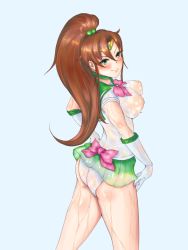 Rule 34 | 1girl, artist request, ass, bishoujo senshi sailor moon, blush, bow, breasts, brown hair, choker, elbow gloves, covered erect nipples, female focus, from behind, gloves, green eyes, high ponytail, highres, kino makoto, large breasts, long hair, looking back, ponytail, sailor jupiter, see-through, smile, solo, standing, tiara, wet