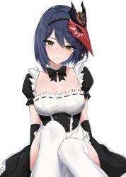 Rule 34 | 1girl, absurdres, alternate costume, apron, black bow, black dress, blue hair, bow, breasts, brown eyes, collarbone, commentary, detached collar, dress, english commentary, enmaided, feint721, frilled dress, frills, genshin impact, hair between eyes, hair ornament, highres, knees together feet apart, kujou sara, maid, maid apron, mask, mask on head, medium breasts, parted lips, puffy short sleeves, puffy sleeves, short hair, short sleeves, signature, simple background, solo, thighhighs, white background, white thighhighs