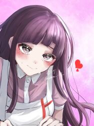 Rule 34 | 1girl, apron, black eyes, blush, breasts, collared shirt, commentary request, danganronpa (series), danganronpa 2: goodbye despair, dated, english text, heart, highres, large breasts, multicolored background, pink shirt, puffy short sleeves, puffy sleeves, purple hair, shirt, short sleeves, smile, solo, tears, translation request, tsumiki mikan, two-tone shirt, upper body, white shirt, zui nianshao