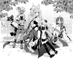Rule 34 | 2boys, 3girls, ahoge, animal ears, arknights, braid, chestnut (arknights), closed eyes, commentary, durin (arknights), flower, hair flower, hair ornament, hand mirror, height difference, holding, holding flower, holding mirror, iwashi 80, leaf, long hair, looking at mirror, minimalist (arknights), mirror, multiple boys, multiple girls, myrtle (arknights), open mouth, pointy ears, pozyomka (arknights), shoes, single braid, sitting, sitting on lap, sitting on person, sleeping, sleeping upright, smile, symbol-only commentary, thighhighs, turn pale, zettai ryouiki