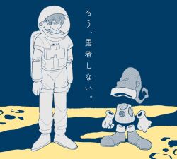 Rule 34 | 1boy, annoyed, arms at sides, boots, closed mouth, commentary request, crater, crossover, frown, full body, gloves, helmet, invisible, jack-o&#039; ran-tan, limited palette, looking at another, m (miya217), moon (love-de-lic), napoli no otokotachi, on moon, player (moon), pointy hat, rayman limbs, screentones, shadow, short hair, space helmet, spacesuit, standing, translation request, vest