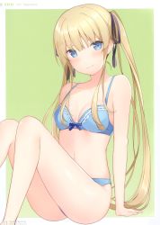 Rule 34 | 1girl, 6u (eternal land), absurdres, arm support, bare shoulders, blonde hair, blue bra, blue eyes, blue panties, blush, bra, breasts, character name, closed mouth, green background, highres, long hair, looking at viewer, panties, saenai heroine no sodatekata, sawamura spencer eriri, scan, shiny skin, simple background, sitting, small breasts, smile, solo, thighs, twintails, underwear, white background