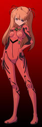 Rule 34 | black background, frown, fugetsu taku, full body, gradient background, hand on own hip, highres, legs apart, long image, neon genesis evangelion, parted bangs, plugsuit, red background, red hair, solo, souryuu asuka langley, standing, tall image, two side up, v-shaped eyebrows