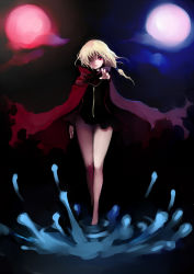 Rule 34 | 1girl, asymmetrical hair, bare legs, barefoot, black dress, black sclera, black skirt, blonde hair, blurry, cape, colored sclera, dress, hair over one eye, highres, johan (johan13), long hair, looking at viewer, low ponytail, moon, no panties, original, outstretched arm, reaching, red eyes, short hair, skirt, solo, zipper