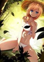 Rule 34 | 1girl, barefoot, between legs, bikini, blonde hair, blue eyes, breasts, closed mouth, dappled sunlight, dutch angle, eyebrows, flower, front-tie bikini top, front-tie top, grass, hair over shoulder, hair tie, halterneck, hand between legs, hat, large breasts, leaf, light frown, looking at viewer, motion blur, navel, on ground, outdoors, plant, rodney (warship girls r), sitting, solo, stomach, straw hat, sunlight, swimsuit, tree, tree shade, underboob, wariza, warship girls r, white bikini, xiaoyin li