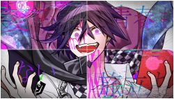 Rule 34 | 2boys, black cape, black hair, blood, book, cape, chain, checkered clothes, checkered scarf, collarbone, commentary request, danganronpa (series), danganronpa v3: killing harmony, evil grin, evil smile, grin, holding, holding book, jacket, looking at viewer, male focus, momota kaito, multiple boys, nagi to (kennkenn), open mouth, oma kokichi, pink blood, pink eyes, pink hair, pink jacket, purple eyes, purple hair, scarf, shirt, short hair, smile, split screen, spoilers, teeth, upper body, white jacket, white shirt