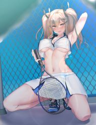 Rule 34 | 1girl, absurdres, alternate hair color, arm behind head, armpits, azur lane, between thighs, blue footwear, blush, breasts, bremerton (azur lane), bremerton (scorching-hot training) (azur lane), brown eyes, brown hair, chain-link fence, crop top, crop top overhang, day, fence, hair between eyes, hair ornament, hairclip, highres, holding, holding racket, large breasts, lens flare, long hair, looking at viewer, miniskirt, minki shu, mole, mole under eye, multicolored hair, navel, no bra, racket, shirt, shoes, skirt, sky, sleeveless, sleeveless shirt, smile, sneakers, sportswear, spread legs, squatting, stomach, streaked hair, sweat, tennis court, tennis racket, tennis uniform, twintails, two-tone skirt, underboob, wet, wet clothes, white skirt, x hair ornament