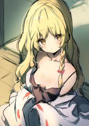 Rule 34 | 1girl, blonde hair, blush, bow, braid, camisole, collarbone, commentary request, hair bow, head tilt, indoors, kirisame marisa, long hair, long sleeves, looking at viewer, no headwear, no nose, off shoulder, piyokichi, red bow, ribbon-trimmed sleeves, ribbon trim, single braid, solo, spaghetti strap, touhou, upper body, wide sleeves, yellow eyes
