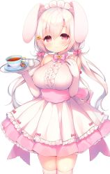 Rule 34 | 1girl, animal ears, apron, bare shoulders, blush, bow, breasts, center frills, closed mouth, commentary request, cup, elbow gloves, flower, frills, gloves, hair between eyes, hair bow, hands up, highres, holding, holding tray, jug (bottle), large breasts, long hair, looking at viewer, low twintails, original, pink bow, pink skirt, pleated skirt, rabbit ears, red eyes, saucer, shirt, simple background, skindentation, skirt, sleeveless, sleeveless shirt, smile, solo, spoon, tea, teacup, thighhighs, tray, twintails, usashiro mani, very long hair, white apron, white background, white gloves, white hair, white shirt, white thighhighs, yellow flower