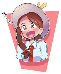 Rule 34 | 1girl, asymmetrical hair, blue shirt, blush, border, braid, breast pocket, breasts, brown hair, buck teeth, collared shirt, creatures (company), cropped torso, fang, female focus, fuecoco, fumirumochigashin, game freak, hair ornament, hairclip, happy, hat, highres, japanese text, juliana (pokemon), long hair, nintendo, open mouth, outline, pocket, pokemon, pokemon sv, red background, red eyes, red theme, school uniform, shirt, short sleeves, side braid, simple background, single braid, small breasts, smile, solo, sun hat, swept bangs, talking, teeth, tongue, translation request, upper body, white border, white hat, white outline