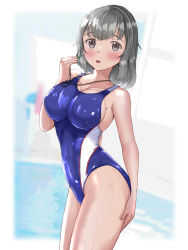 Rule 34 | 1girl, :d, blue one-piece swimsuit, blush, breasts, collarbone, competition swimsuit, covered erect nipples, cowboy shot, dripping, grey hair, hand on own thigh, hand up, highres, holding, holding whistle, lanyard, large breasts, looking at viewer, mashinatsu, one-piece swimsuit, open mouth, original, outside border, pool, shiny skin, shiny swimsuit, sideboob, smile, solo, standing, swimsuit, wet, wet clothes, wet swimsuit, whistle