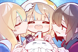 Rule 34 | &gt; &lt;, 5girls, arms up, birthday cake, black hair, blonde hair, blue background, blue hair, blush, brown eyes, brown hair, cake, closed eyes, closed mouth, commentary, food, green hair, highres, jelee-chan, jellyfish, kiss, kissing cheek, kouzuki mahiru, multicolored hair, multiple girls, one side up, open mouth, parted lips, pink hair, short hair, smile, streaked hair, symbol-only commentary, takanashi kim anouk mei, thick eyebrows, upper body, watase kiui, yamanouchi kano, yoru no kurage wa oyogenai, zhanzhangzlw