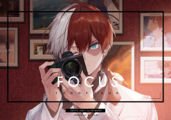 Rule 34 | 1boy, aqua eyes, boku no hero academia, camera, closed mouth, commentary request, drawing (object), gugugunogu, hair between eyes, highres, holding, holding camera, long sleeves, looking at viewer, male focus, multicolored hair, red hair, scar, scar on face, short hair, solo, todoroki shouto, two-tone hair, upper body, white hair