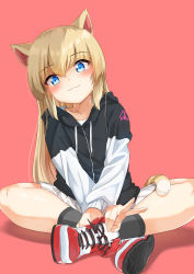Rule 34 | 1girl, animal ears, black jacket, blonde hair, blue eyes, blush, cat ears, cat girl, cat tail, closed mouth, collarbone, commentary request, grey socks, hair between eyes, highres, hood, hood down, hooded jacket, jacket, leaning to the side, long hair, long sleeves, looking at viewer, original, pink background, pleated skirt, red footwear, ribbed legwear, shirt, shoes, skirt, smile, sneakers, socks, solo, sora (silent square), tail, v, very long hair, white shirt, white skirt