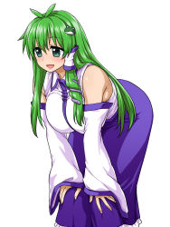 Rule 34 | 1girl, :d, antenna hair, armpit peek, bare shoulders, blush, breasts, commentary request, detached sleeves, frog hair ornament, green eyes, green hair, hair ornament, hair tubes, hands on own knees, highres, itou yuuji, japanese clothes, kochiya sanae, large breasts, leaning forward, long hair, long skirt, long sleeves, nontraditional miko, open mouth, purple skirt, shirt, skirt, sleeveless, sleeveless shirt, smile, snake hair ornament, solo, tareme, touhou, white shirt, wide sleeves