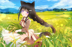 Rule 34 | 1girl, :d, absurdres, animal ears, apron, basket, black hair, blue sky, braid, braided ponytail, brown shirt, brown skirt, cat ears, cloud, commentary request, day, fang, field, fringe trim, fufumi, hair ornament, hairclip, highres, holding, house, long hair, long sleeves, looking at viewer, mountain, open mouth, original, outdoors, power lines, puffy long sleeves, puffy sleeves, purple eyes, shirt, single braid, skirt, sky, smile, solo, utility pole, very long hair, waist apron, white apron