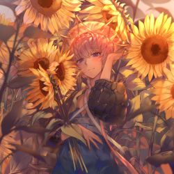 Rule 34 | 1girl, bad id, bad pixiv id, blue eyes, blurry, blurry foreground, blush, braid, breasts, commentary request, crown braid, dress, fate/grand order, fate (series), flower, hand up, hat, highres, holding, holding flower, long hair, long sleeves, looking at viewer, muneomon (takomon), open mouth, orange hair, puffy sleeves, short hair, side braid, small breasts, smile, solo, sunflower, van gogh (fate), yellow flower