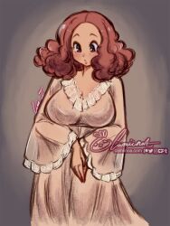 Rule 34 | 1girl, blush, breasts, brown dress, brown eyes, brown hair, camiinoa, commentary, dress, english commentary, fluffy hair, forehead, grey background, highres, large breasts, looking down, medium hair, nightgown, okumura haru, own hands together, parted lips, persona, persona 5, red nails, signature, solo, surprised, watermark