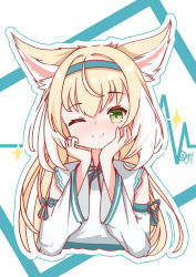 Rule 34 | 1girl, absurdres, alternate costume, animal ears, arknights, blonde hair, blue hairband, blush, chinese commentary, closed mouth, commentary request, cropped torso, detached sleeves, fox ears, fox girl, green eyes, hairband, hands on own chin, highres, long hair, long sleeves, looking at viewer, multicolored hair, one eye closed, shirt, smile, solo, suzuran (arknights), two-tone hair, white hair, white shirt, yunduan tianshang de long yt