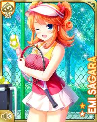 Rule 34 | 1girl, ;d, ball, blue eyes, card (medium), character name, day, girlfriend (kari), hair ornament, looking at viewer, official art, one eye closed, open mouth, orange hair, pleated skirt, qp:flapper, racket, red ribbon, ribbon, sagara emi, shoes, skirt, smile, sneakers, solo, sportswear, standing, sunvisor, tagme, tennis ball, tennis court, tennis net, tennis racket, tennis uniform, two side up, white footwear