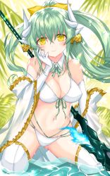 Rule 34 | 1girl, alternate costume, aqua hair, bikini, bow, breasts, detached collar, dragon girl, dragon horns, elbow gloves, fate/grand order, fate (series), front-tie bikini top, front-tie top, gloves, gold trim, hair bow, highres, horns, kiyohime (fate), kiyohime (fate/grand order), kiyohime (swimsuit lancer) (fate), kiyohime (swimsuit lancer) (third ascension) (fate), large breasts, long hair, morizono shiki, multi-strapped bikini, multiple horns, navel, polearm, ponytail, solo, spear, swimsuit, thighhighs, weapon, white gloves, white thighhighs, yellow eyes