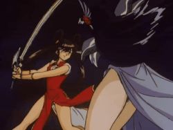 Rule 34 | 1990s (style), 2girls, animated, animated gif, arm guards, armor, battle, black hair, braid, brown eyes, brown hair, china dress, chinese clothes, dress, female focus, fighting, hair ornament, hair up, legs, long hair, lowres, mamono hunter youko, mano youko, multiple girls, qipao dress, reiko (mamono hunter youko), retro artstyle, side slit, sword, twin braids, twintails, very long hair, weapon