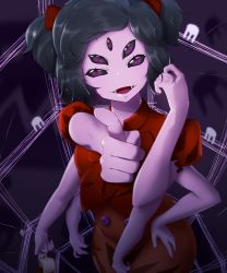 Rule 34 | 1girl, absurdres, black hair, colored skin, cup, dress, extra arms, extra eyes, fangs, hand on own hip, highres, arthropod girl, kim milk, looking at viewer, monster girl, muffet, pouring, purple background, purple eyes, purple skin, red dress, short hair, silk, smile, solo, spider girl, spider web, teacup, thumbs up, two side up, undertale, upper body