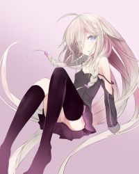 Rule 34 | 1girl, ahoge, bad id, bad pixiv id, bare shoulders, black thighhighs, blue eyes, braid, bute (butegram), buts, hair over one eye, ia (vocaloid), long hair, looking at viewer, open mouth, panties, pantyshot, pink hair, skirt, solo, strap slip, thighhighs, twin braids, underwear, upskirt, very long hair, vocaloid