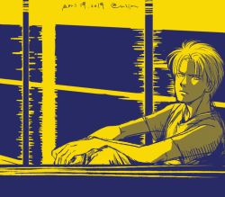 Rule 34 | 1boy, ash lynx, banana fish, dated, frown, looking at viewer, m2jam, male focus, monochrome, shirt, sitting, solo, t-shirt, window, yellow theme