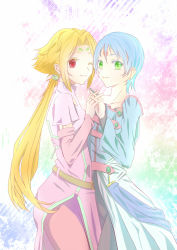 Rule 34 | 2girls, belt, blonde hair, blue hair, detached sleeves, earrings, facial mark, fiona (zoids), forehead mark, green eyes, holding hands, interlocked fingers, jewelry, long hair, multiple girls, aged up, ponytail, red eyes, ryss, short hair, smile, symmetrical hand pose, ushiko, very long hair, wink, zoids, zoids chaotic century